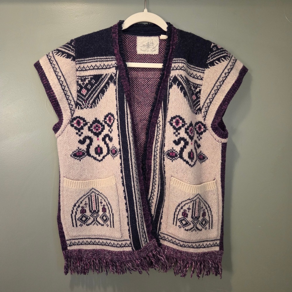 Anthropologie Angel of the North Wool Open Front Cap Sleeve Cardigan Fringe M/L
